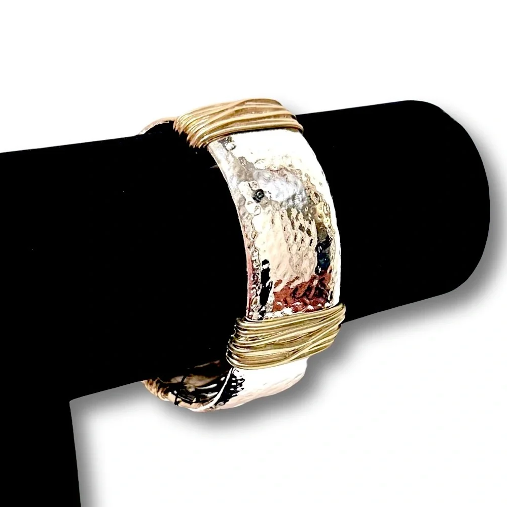 Chico's Two-Tone Hammered Silver and Gold Wide Cuff Bracelet